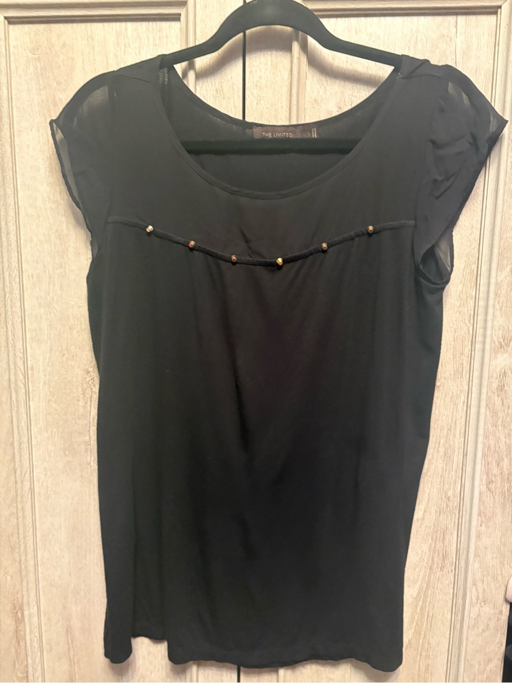 The Limited Black Sheer Yoke Cap-Sleeve Top with Bead Detail